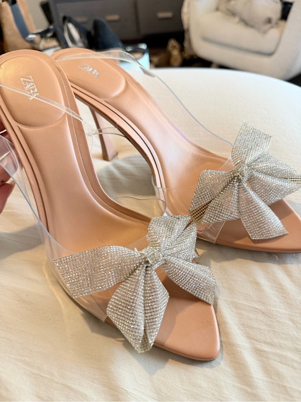 Zara Nude Heeled Mules with Clear Strap and Crystal Bow